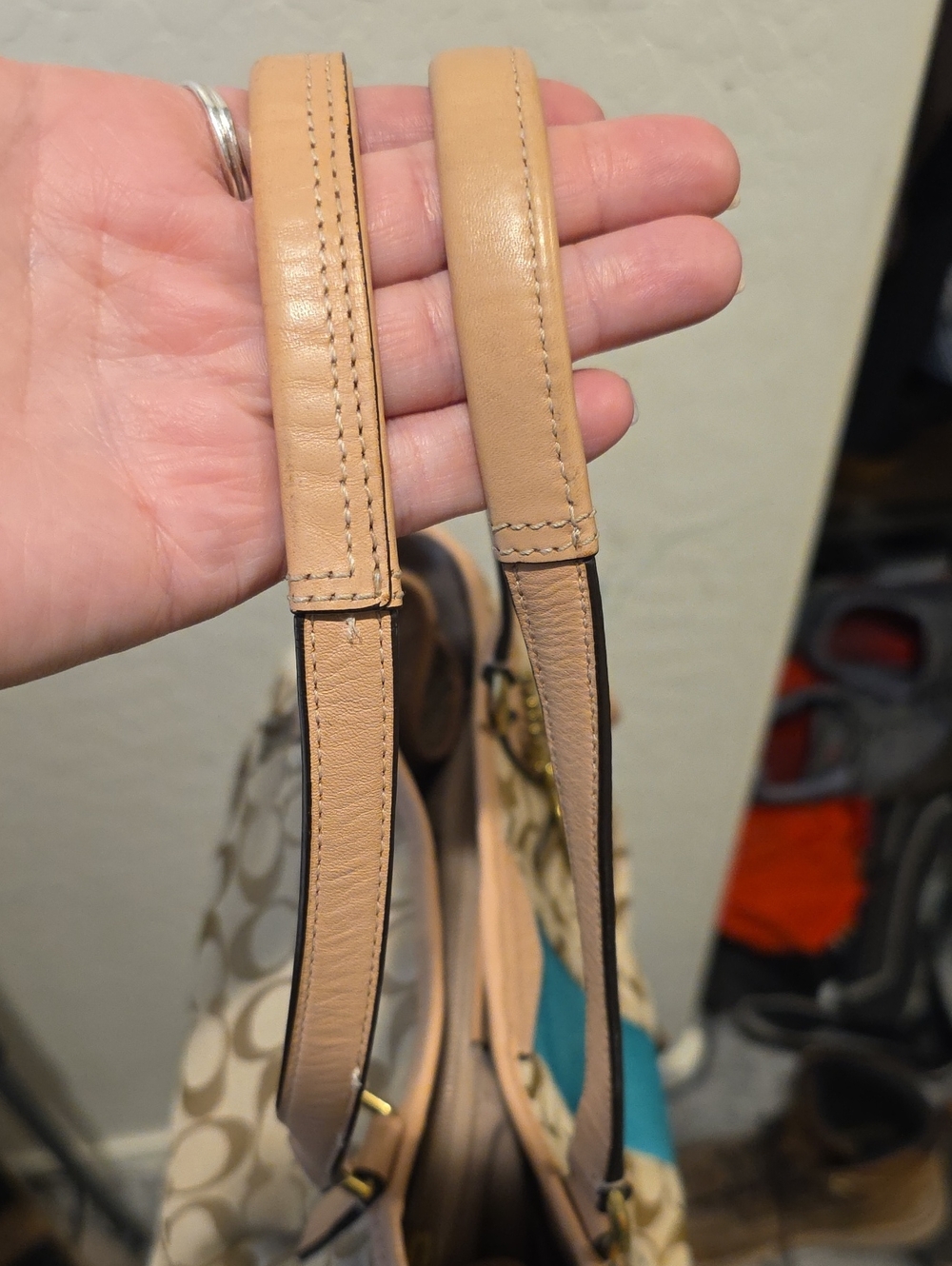 Coach Tan Signature Canvas Tote with Teal Center Stripe - Picture 15 of 16